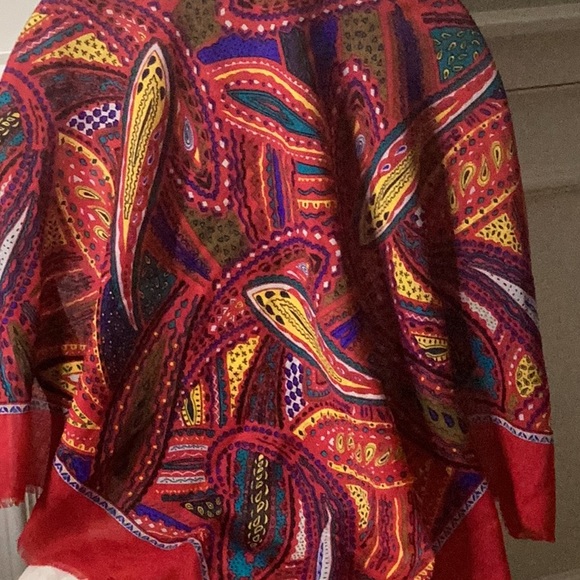 JAGO 100% lightweight wool scarf 34 inch square RED paisley print bright colors - Picture 3 of 13